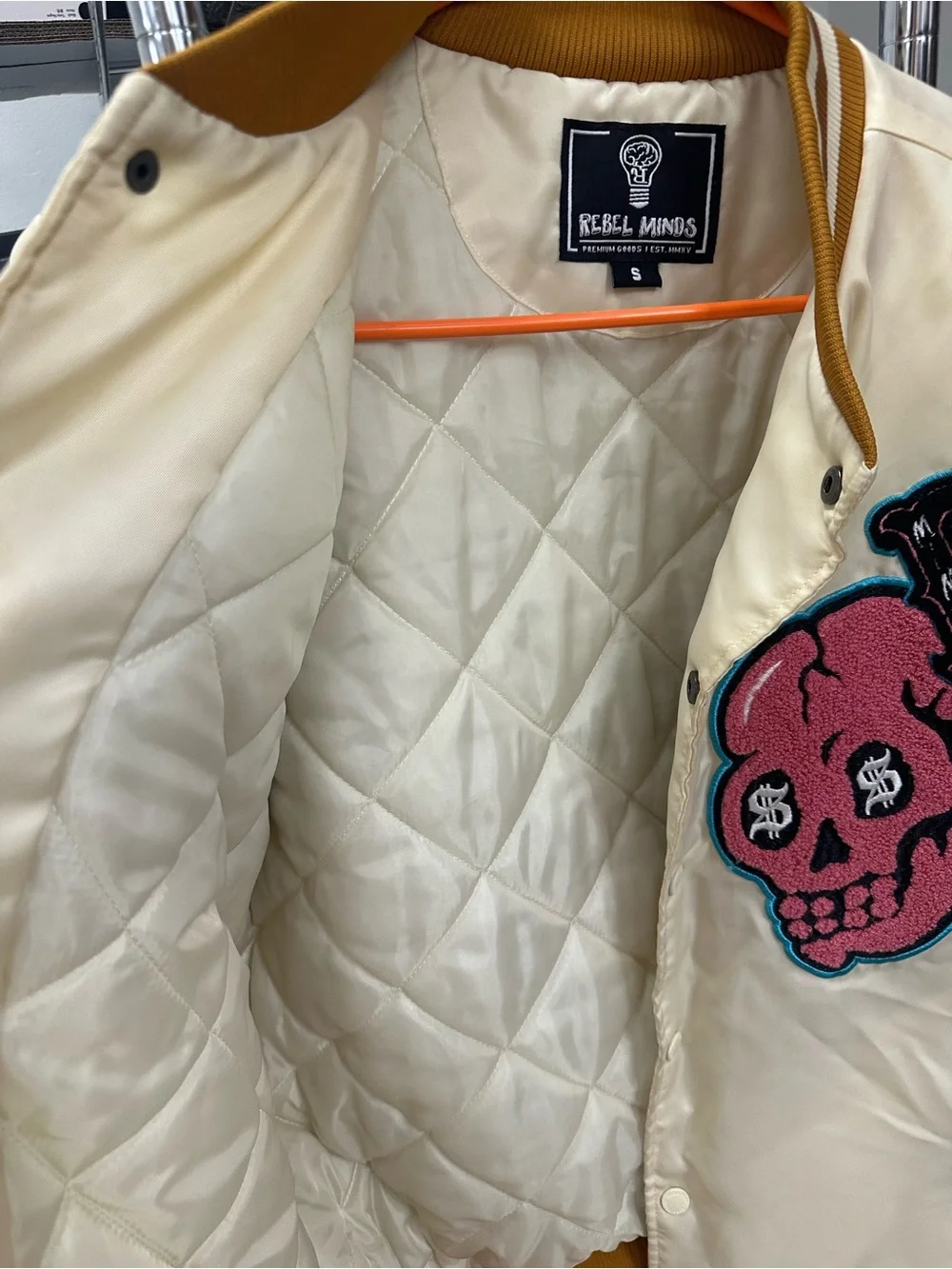 Rebel Minds Cream 'Rich Flavors' Embroidered Kids Satin Bomber Jacket